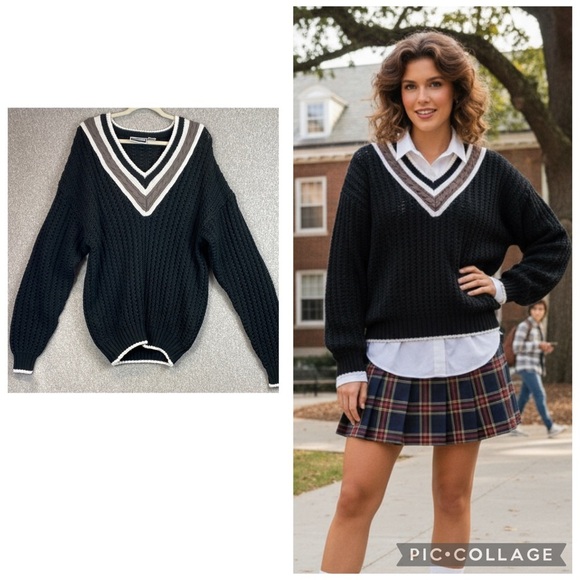 Weekends Sweaters - Vintage varsity style sweater M oversized chunky cable open knit preppy retro